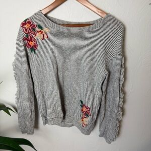 Skies Are Blue Striped Floral Embroidered Ruffle Sleeve Top – Small